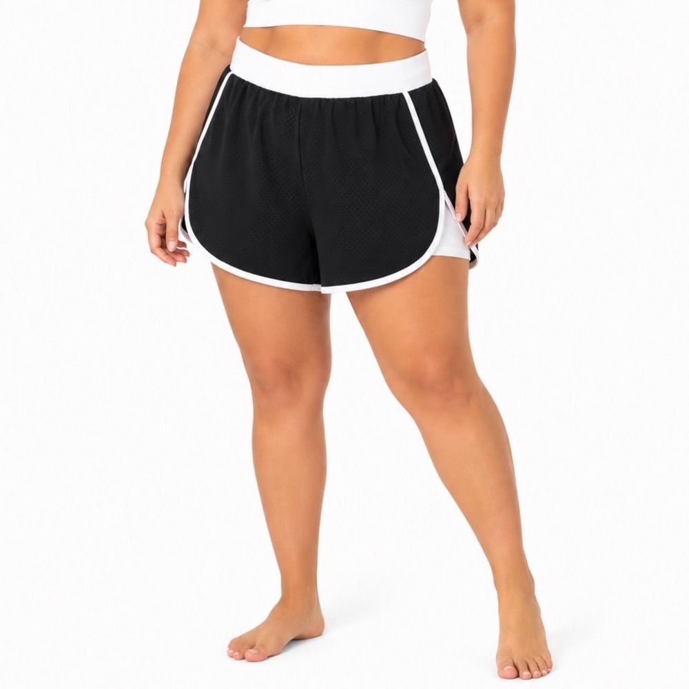 Xersion Womens Black White 2-in-1 Mesh Running Shorts with Liner Pocket 1X